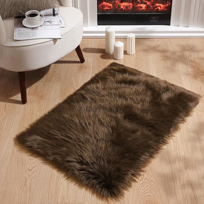 Ashler Faux Fur Rug - Fluffy Shaggy 2 x 3 Feet Rectangle Sheepskin Fur, Dark Coffee Fuzzy Machine Washable Shag, Nursery Decor Throw for Bedroom, Living Room