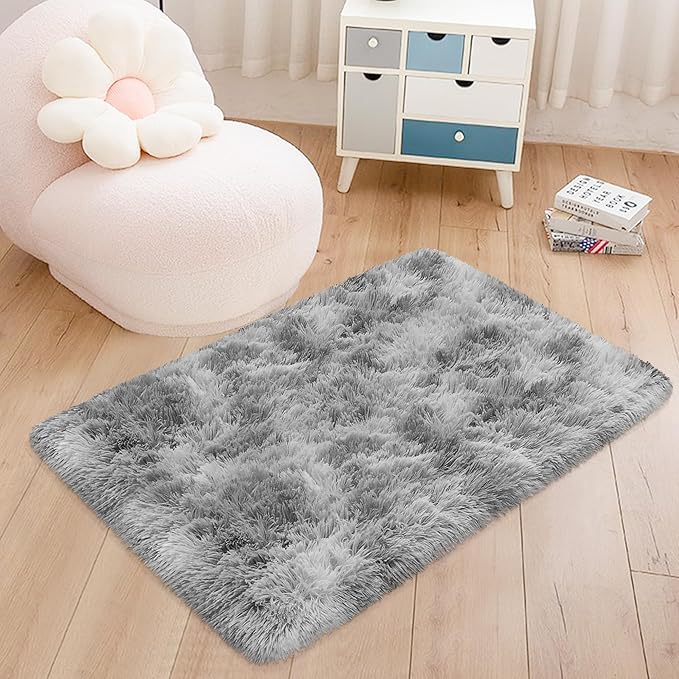2x3 ft Shaggy Tie Dyed Grey Rug Small,Fluffy Furry Area Rugs for Living Room Door Entryway Indoor Inside Front Entrance Dog Mat Anti Skid Extra Comfy Fuzzy Floor Carpet for Home Decorative