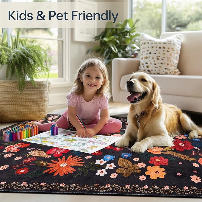 2x3 Rug Front Door Indoor Entrance Boho Vintage Floral Pattern Black Faux Wool Throw Rugs with Rubber Backing Washable Non Slip Stain Resistant Doormat Small Area Rugs for Entryway Kitchen Laundry