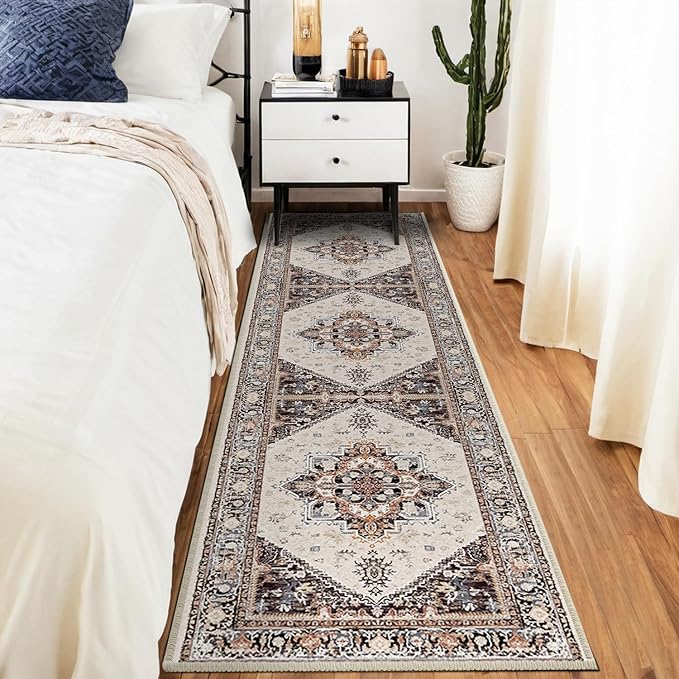 BESTSWEETIE 2x8 Area Rugs for Living Room Washable Non Slip Carpet Low Pile Soft Vintage Print Pattern Rug for Bedroom Dining Room Kitchen Entryway Indoor-Khaki/Beige/Purple/Black/Brick