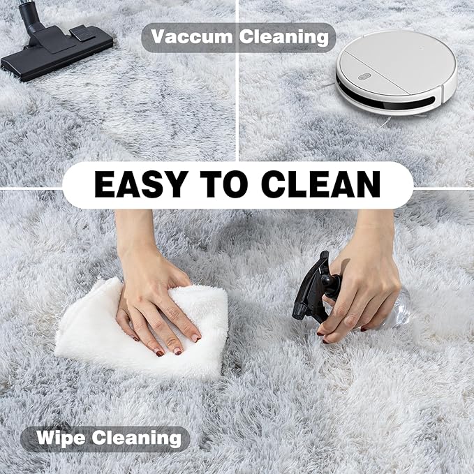 5x7 Shaggy Rugs for Living Room, Tie-Dyed Light Grey Fluffy Area Rug for Bedroom, Soft Plush Shag Carpet for Kids Room, Indoor Non-Slip Fuzzy Rug