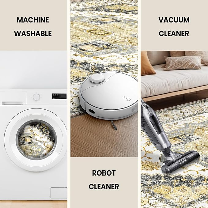 Washable 8ft Area Rugs, Rugs for Living Room, Low-Pile Water&Stain Resistant Carpet Vintage Distressed Printed Non-Slip Carpet for Bedroom Bathroom Kitchen-Grey Yellow