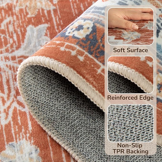 BESTSWEETIE 3x5 Area Rugs for Living Room Washable Non Slip Carpet Low Pile Soft Vintage Print Pattern Rug for Bedroom Dining Room Kitchen Entryway Indoor-Brick/Blue/Light Ivory