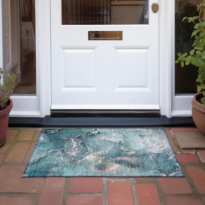 Addison Rugs Chantille ACN518 Teal 1'8" x 2'6 Indoor Outdoor Area Rug, Stain Resistant, Machine Washable, Non Shedding, Bedroom, Living Room, Dining Room, Kitchen Rug