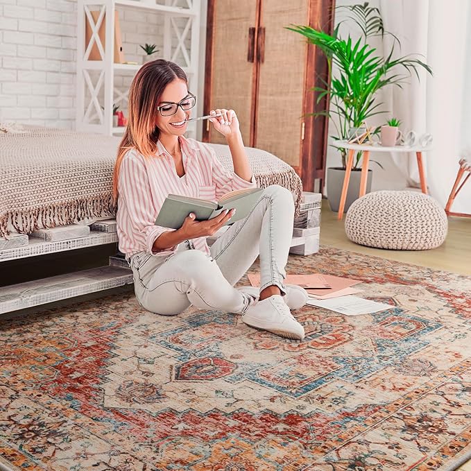 YJ.GWL Large Area Rug for Living Room, 5x7 Machine Washable Boho Rug for Bedroom, Low Pile Lightweight Thin Rugs Floral Vintage Distress Print Pattern Carpet for Dining Room, Orange