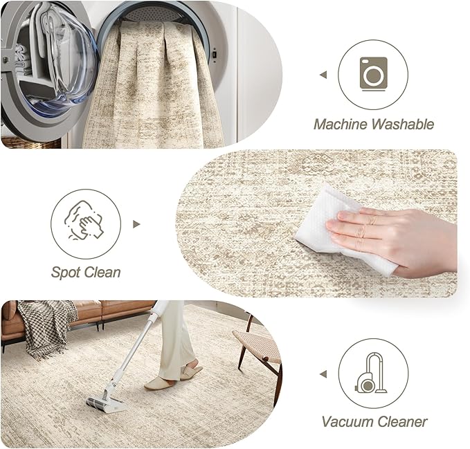 2x3 Washable Rugs for Kitchen, Floor, Entryway, Powder Room Small Area Rug Non-Slip Vintage Low Pile Throw Door Mat Beige