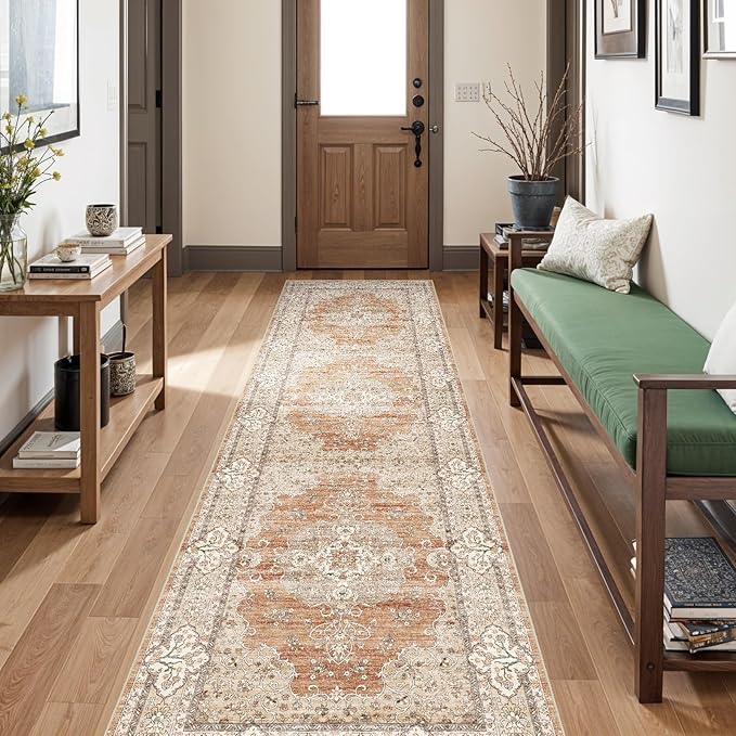 3x10 Runner Rug for Hallway Washable: Non Slip Kitchen Rugs with Rubber Backing Soft Waterproof Mats Stain Resistant Indoor Vintage Carpet Runner for Bedroom Bathroom Laundry Entryway Brick/Terracotta