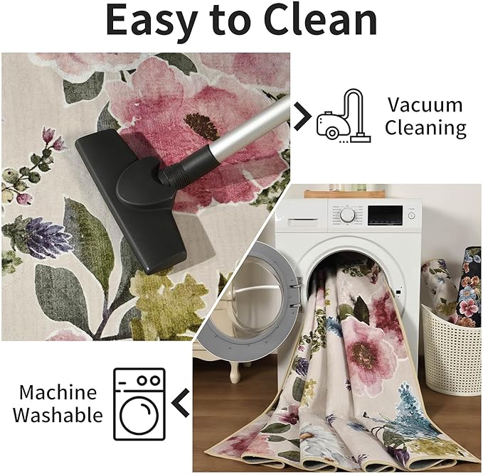 2x6 Runner Rug for Hallways Kitchen Machine Washable Boho Floral Rug Runner Non-Slip Soft Low Pile Long Floor Carpet Runner for Laundry, Bedroom, Entryway (Beige)