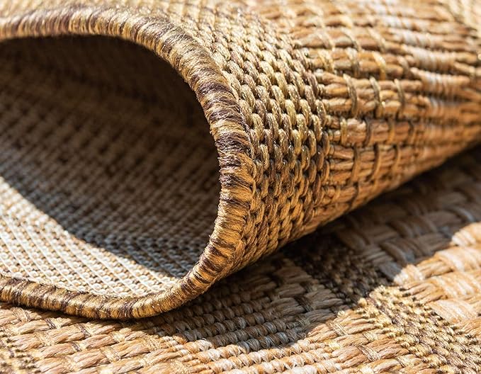 Unique Loom Outdoor Border Collection Area Rug - Multi Border (7' 1" x 10' Rectangle Tan/Light Brown)