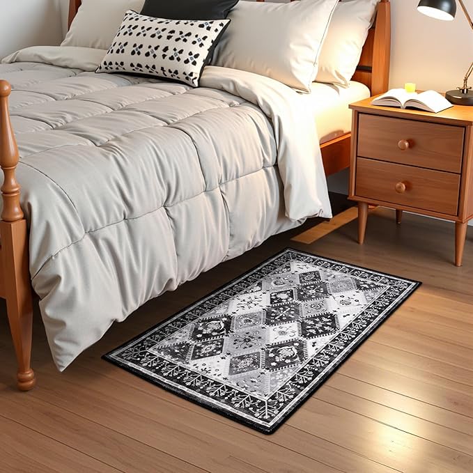 2x3 Small Washable Area Rug for Entryway, Black/Grey Boho Non-Slip Indoor Kitchen Rugs, Moroccan Floral Trellis Carpet Soft Low Pile Vintage Throw Mat for Bedroom Bathroom Front Door