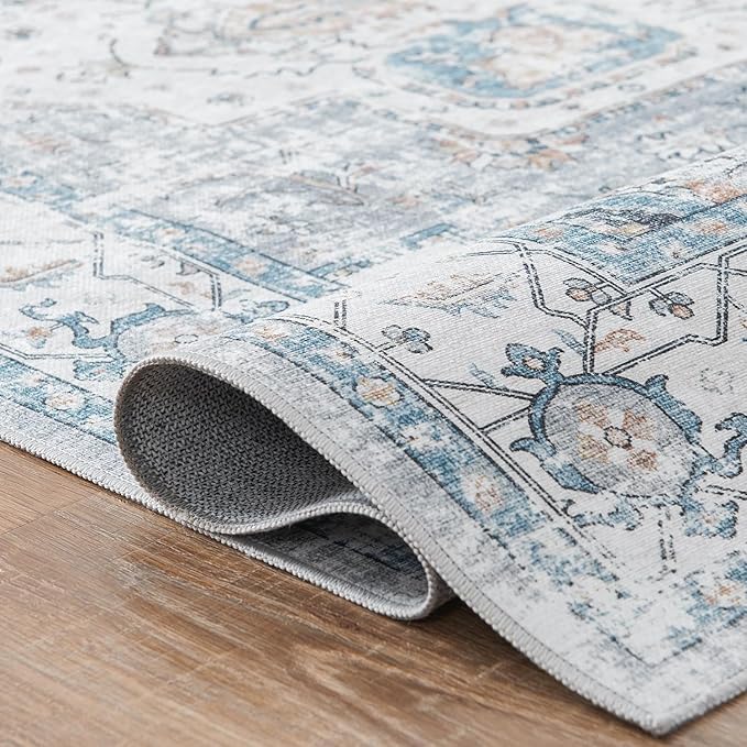 jinchan Hallway Runner Rug 2x10 - Kitchen Machine Washable Vintage Floral Non-Slip with Rubber Backing Ultra-Thin Carpet for Bedroom Laundry Room Living Room (2x10ft,Grey/Blue)