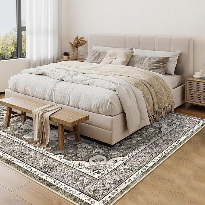 Washable 5x7 Living Room Rugs: Oriental Non-Slip Area Rugs for Bedroom Non Shedding Accent Farmhouse Dining Room Carpet Soft Low Pile Mat for Nursery Room Home Office (5x7 Beige)