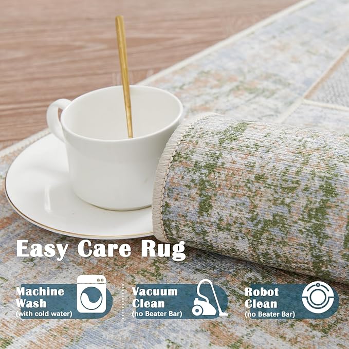 jinchan Runner Rug 2x10 Hallway Abstract Sketch Distressed Washable Kitchen Rug Green Multi Print Colorful Overdyed Chenille Thin Rug Contemporary Carpet for Bathroom Laundry Room Bedroom Living Room