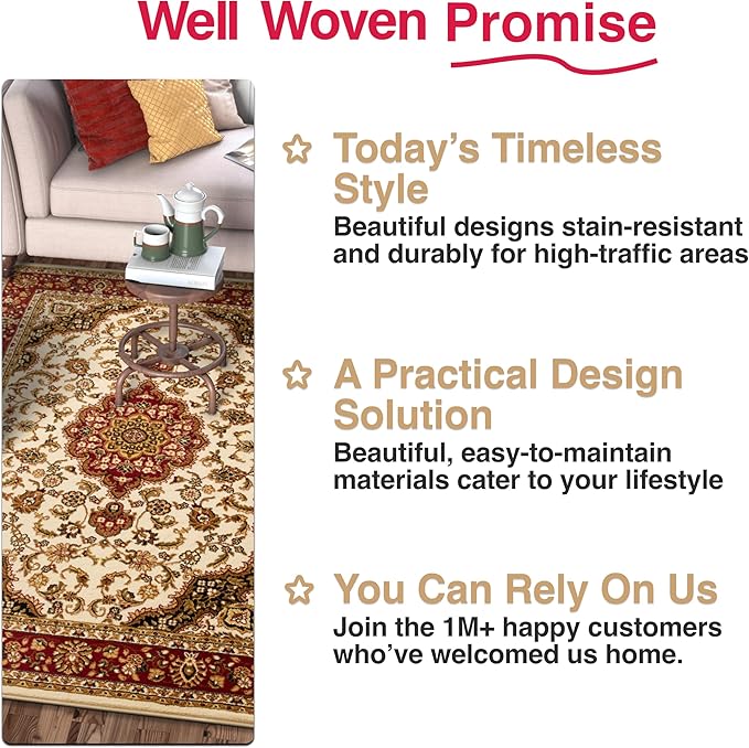 Well Woven Barclay Collection Medallion Kashan Ivory 4 ft Round Rug - for Entryways, Small Bedrooms, Living Rooms