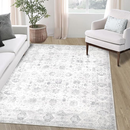 Washable 8×10 Area Rug for Living Room, Vintage Floral Rug Soft Non Slip Stain Resistant Boho Carpet for Bedroom Dinning Room Kitchen Home Office Grey