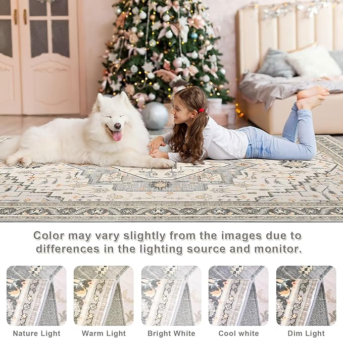 2x3 Grey Beige Small Area Rug for Entryway, Soft Washable Rugs with Non-Slip Backing for Bedroom Kitchen, Vintage Throw Carpet Laundry Entry Front Door Decor