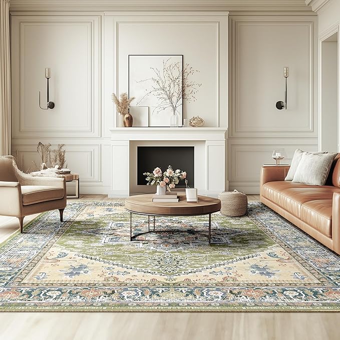 BESTSWEETIE 6x9 Area Rugs for Living Room Washable Non Slip Carpet Low Pile Soft Vintage Print Pattern Rug for Bedroom Dining Room Kitchen Entryway Indoor-Green/Light tan/Blue/Grey