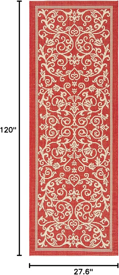 SAFAVIEH Courtyard Collection Runner Rug - 2'3" x 10', Red & Natural, Scroll Design, Non-Shedding & Easy Care, Indoor/Outdoor & Washable-Ideal for Patio, Backyard, Mudroom (CY2098-3707)