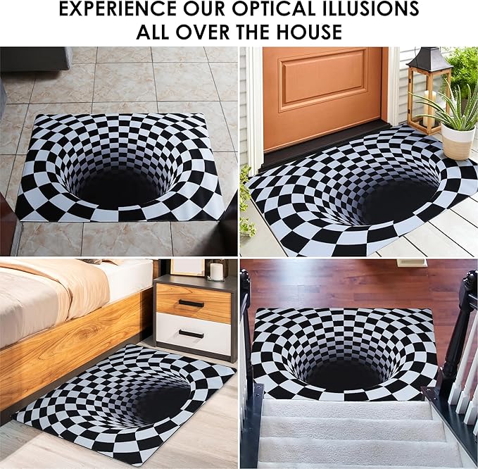 3D Optical Illusion Rug - Vortex Illusion Floor Mat for Door Entrance, Bathroom, Stairs, playroom, Living Room, or Area (Black and White, 42 x 28 Inch)
