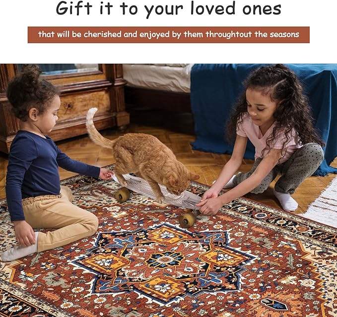 Moynesa Ultra-Thin Washable Oriental Area Rug - 3x5 Non-Slip Laundry Room Rug, Non-Shedding Stain Resistance Low Pile Kitchen Mat Indoor Throw Carpet for Fall Decor Bathroom, Brown/Multi