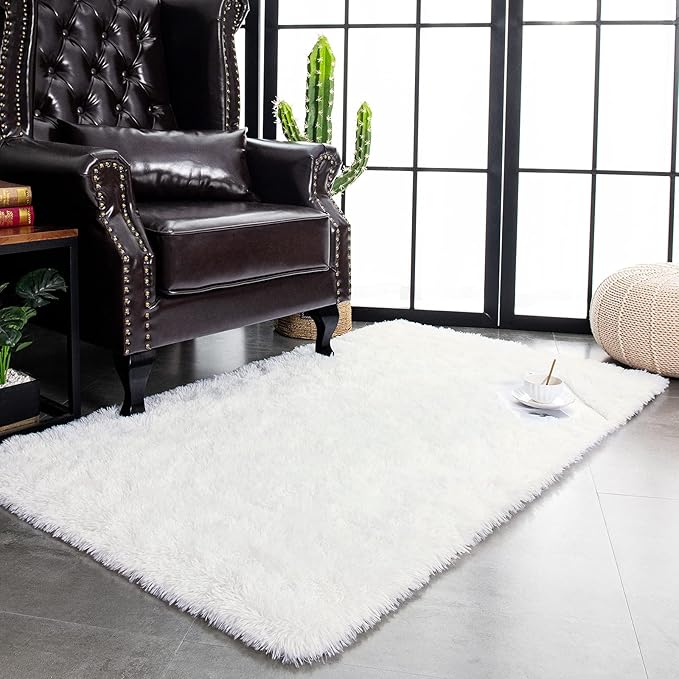 TWINNIS Super Soft Shaggy Rugs Fluffy Carpets 3x5 Feet, Indoor Modern Plush Area Rugs for Living Room Bedroom Kids Room Nursery Home Decor, Upgrade Anti-Skid Rectangular Fuzzy Rug, Cream White