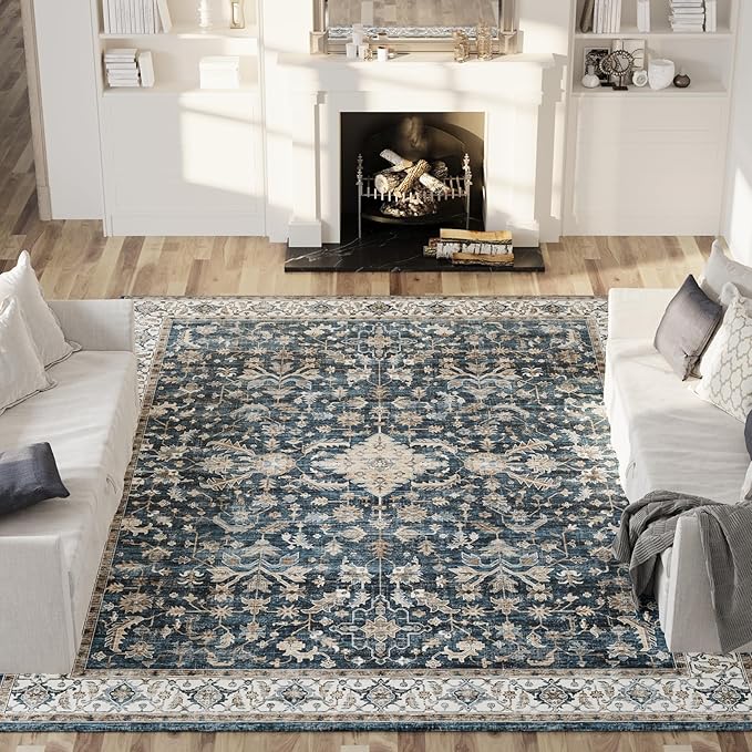 Vintage Area Rug, 6x9 Large Rug for Bedroom Soft Non Slip Washable Non Shedding Living Dining Room Mat, Dog Friendly Rugs for Dorm Kitchen Nursery Dining Bedroom