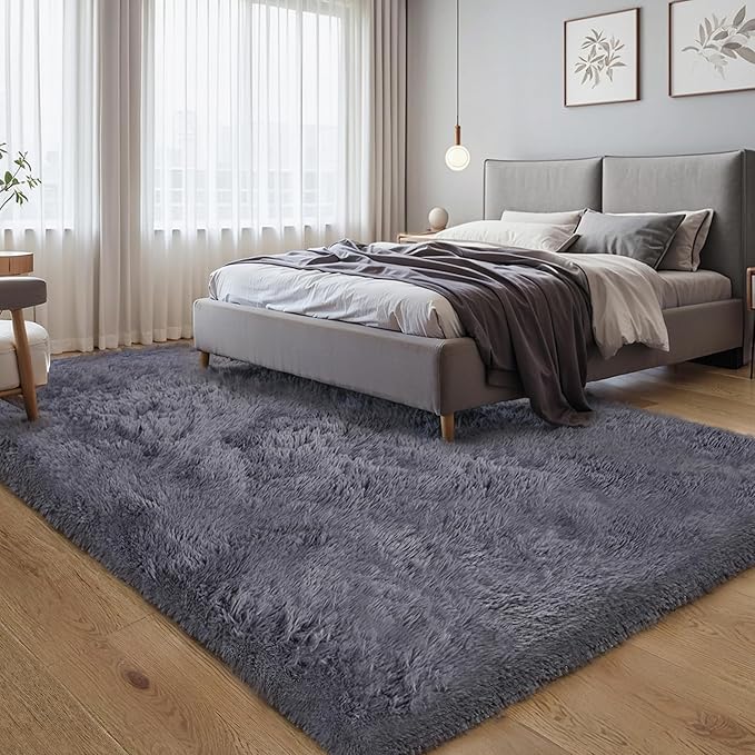 Thick Area Rug Grey Fluffy Shag 3x5 for Bedroom, Ultra Soft Plush Fuzzy Washable Throw Carpet, Modern Non Slip Cozy Furry Shaggy Rug for Living Room Kids Baby Nursery College Dorm
