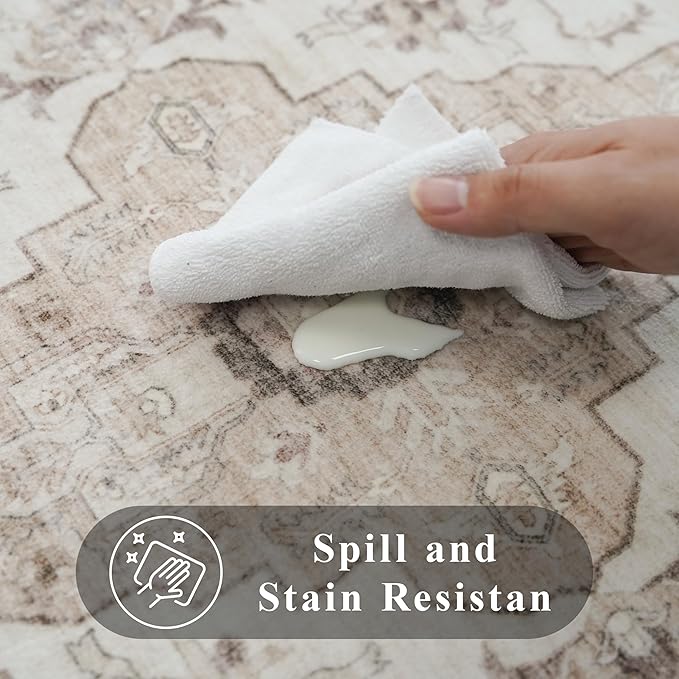 3x12 Hallway Washable Runner Rug - Vintage Non Slip Soft Rug for Kitchen Living Room Low-Pile Stain Resistant Carpet for Bathroom Entryway Thin Floor Mat for Bedroom Dining Room (3x12,Beige)