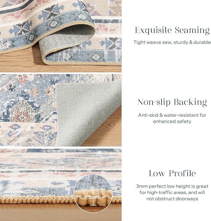 Phantoscope Hallway Runner - Boho Washable Non-Slip Kitchen Rug, 2'x6', Ultra-Thin Vintage Distressed Accent Throw for Entryway, Laundry, Bathroom, Bedroom, Dusty Blue/Multi