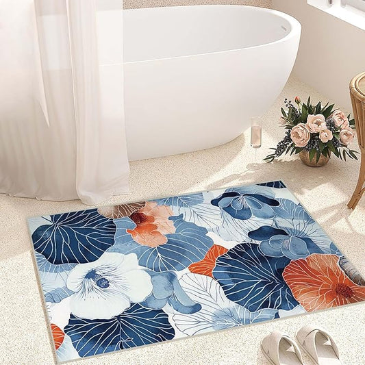 2x3 Entryway Rug Boho Botanical Leaf Japanese Navy Blue Orange Area Rug Ultra-Thin Soft Small Carpet Bathroom Non Slip Indoor Entrance Low Pile Door Mat Kitchen Stain Resistant Washable Machine