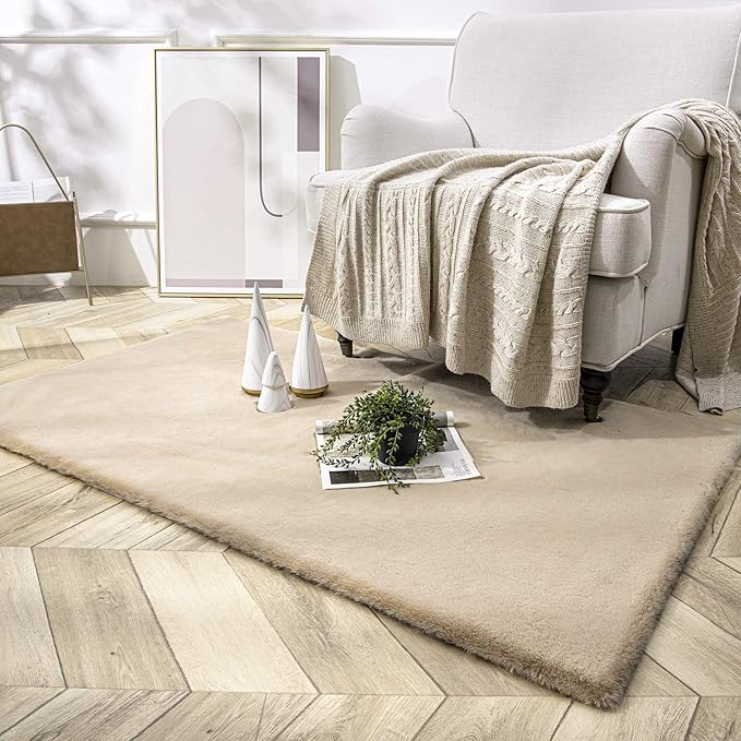 Ashler Faux Fur Rug, Ultra Soft Faux Rabbit Fur, Beige Area Rugs, 3 x 5 Feet Rectangle, Machine Washable Nursery Decor Throw Rugs for Bedroom, Kids Room, Living Room