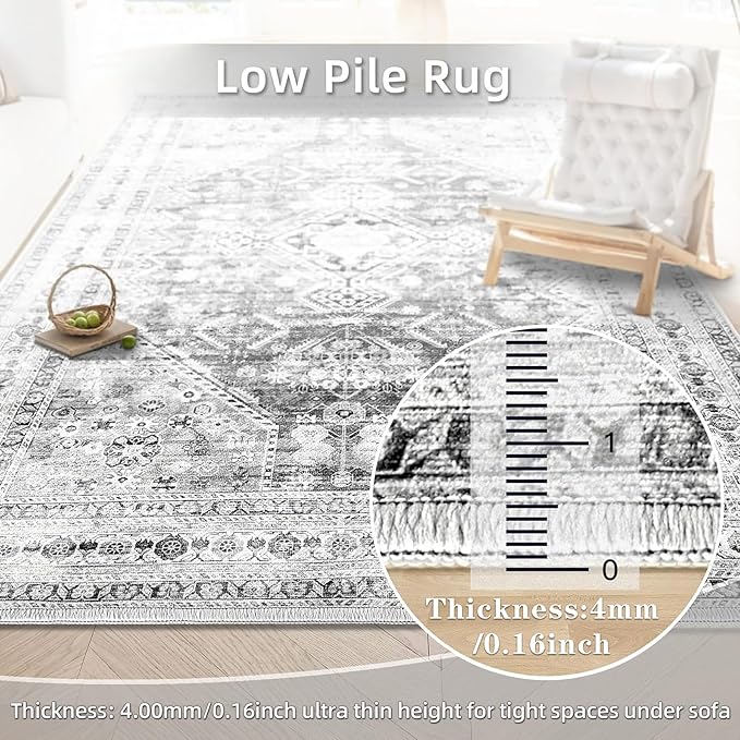 Zomfy Area Rug Vintage 9x12 Living Room Rugs: Large Washable Rug, Traditional Medallion Rug, Non Slip Boho Carpet for Bedroom Dining Table Kitchen Home Office(Grey, 9'x12')