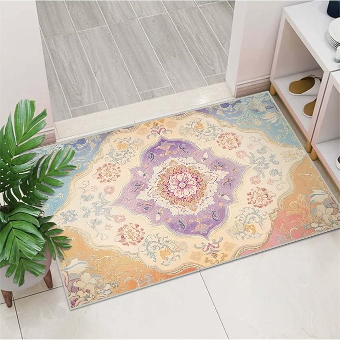 2x3 Entryway Rugs Machine Washable Rug Boho Orange Yellow Blue Purple Area Rug Non-Slip Low Pile Door Mat Entrance Small Carpet for Home Kitchen Bathroom Bedroom