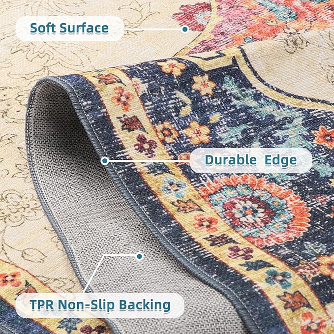 Dripex 3x5 Area Rugs, Machine Washable Non Slip Boho Rugs,Distressed Entryway Rug Doormat,No Pile Lightweight Vintage Rug, Smal Carpet Rug for Front Entrance,Office Bedroom,Multi