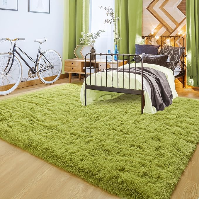 YJ.GWL Area Rugs for Living Room Bedroom, 5x8 Machine Washable Large Green Carpet, Soft Fluffy Shaggy Thick Big Shag Indoor Floor Rug for Kids Boy and Girls Room Dorm Home Decor Aesthetic