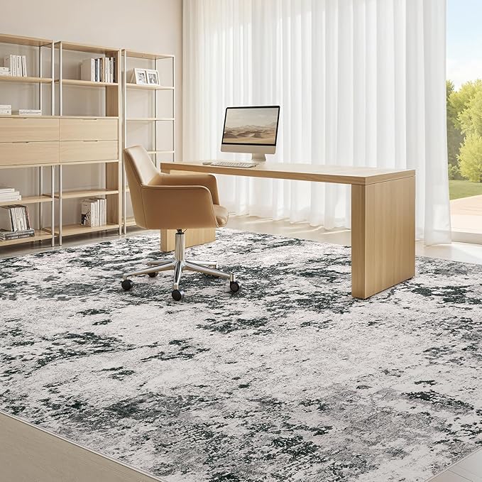Area Rugs for Living Room: 10x14 Abstract Washable Rug Large Soft Stain Resistant Non-Slip Backing for Bedroom Dining Room Indoor Home Office Carpet for Kids Pet Friendly Families - Dark Grey