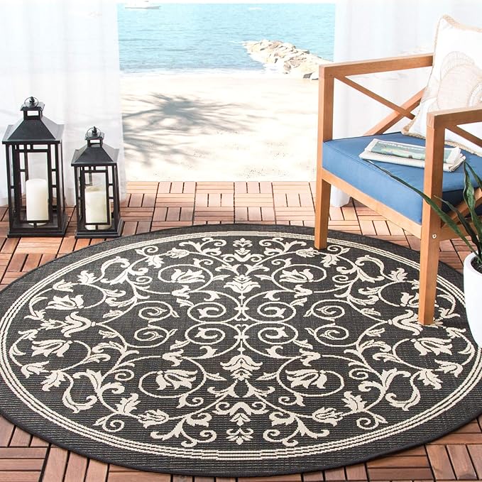 SAFAVIEH Courtyard Collection 6'7" Round Black / Sand CY2098 Scroll Indoor/ Outdoor Waterproof Easy-Cleaning Patio Backyard Mudroom Area-Rug