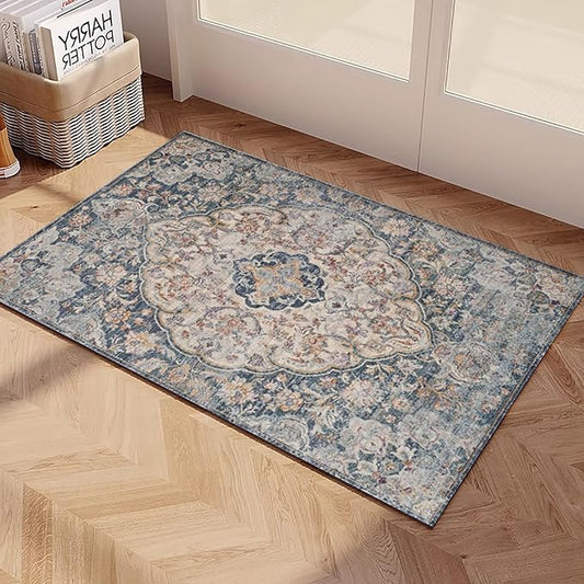 Yancorp 2'x3' Boho Area Rug for Bedroom Non Slip Washable Rug Vintage Carpet Living Room Non-Shedding Indoor Floor Mats Bedroom Kitchen Entryway Rugs-Rectangle Blue Grey