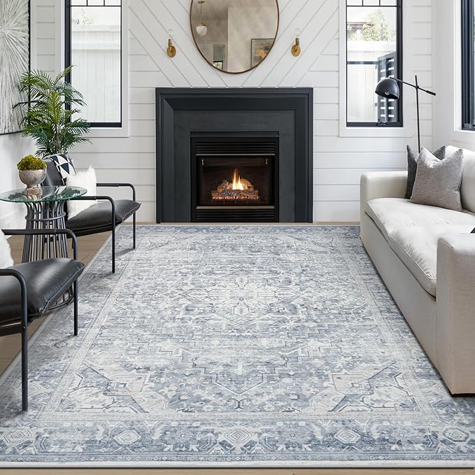 Washable Rugs 8x10 Area Rugs, Soft Vintage Living Room Rug with Anti-Skid Backing Stain Resistant Thin Indoor Carpet Large Area Rug for Bedroom Under Dining Room Table Nursery Entryway-Blue