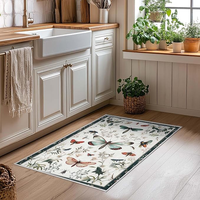 2x3 Entryway Rugs Machine Washable Area Rug Butterfly Nature Botanical Leaf Boho White Rug Non-Slip Low Pile Door Mat Entrance Small Carpet for Home Kitchen Bathroom Bedroom