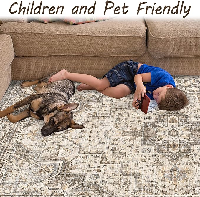 Washable Vintage Area Rug 9x12，Printed Vintage Home Decor, Floor Decoration Carpet Mat，Thin Rug for Living Room, Distressed Oriental Reto Indoor Floor Carpet Rug (Brown Beige 9x12)