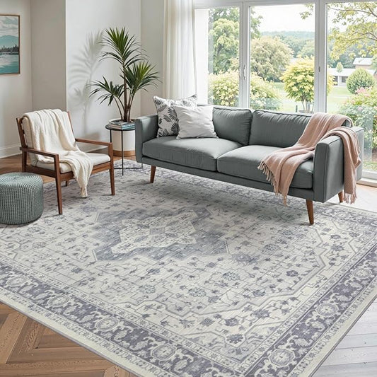 4x6 Washable Area Rug for Living Room, Vintage Boho Rugs for Office, Dining Room, Kids Room, Farmhouse, Durable Low Pile Non Slip Carpet for High Traffic Areas, Blue Quartz