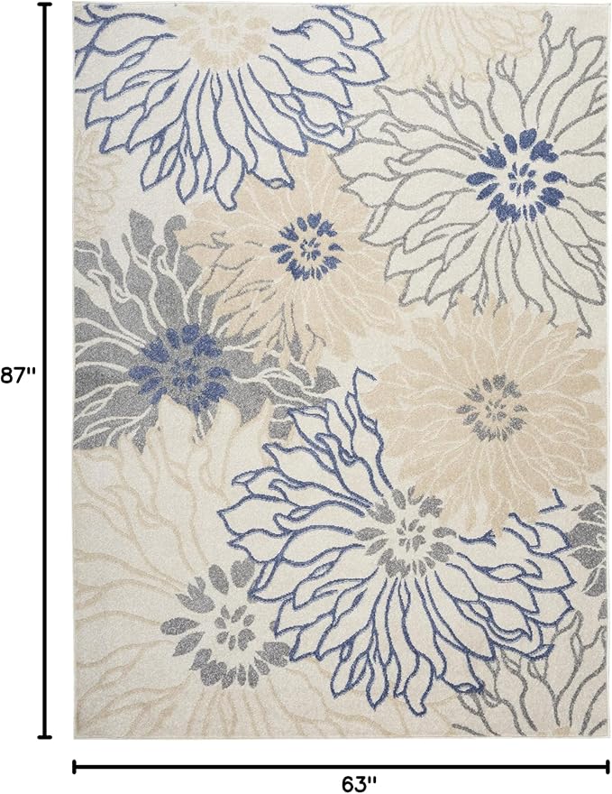 Nourison Passion Ivory Grey Blue 5'3" x 7'3" Area Rug, Boho, Floral, Easy Cleaning, Non Shedding, Bed Room, Living Room, Hallway, (5'3" x 7'3")