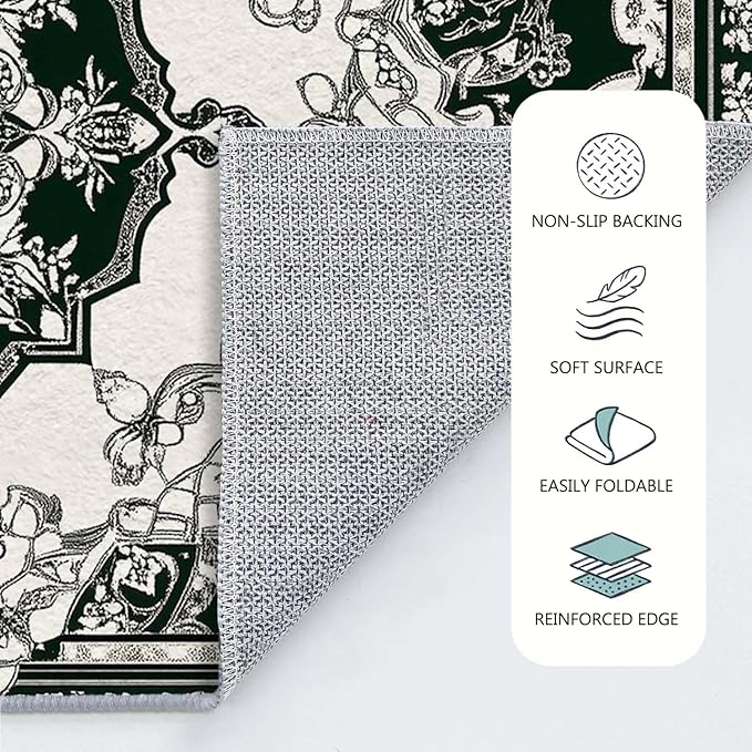 2x3 Area Rug Machine Washable Entryway Rugs White Green Vintage Boho Rug Non-Slip Low Pile Door Mat Entrance Small Carpet for Home Kitchen Bathroom Bedroom
