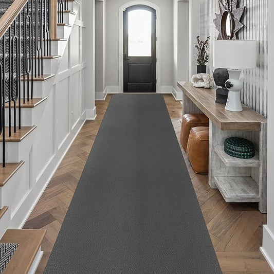 Non-Skid Hallway Runner Rug for Kitchen, 2'x10' Leather-Look Waterproof Vinyl Entryway Floor Mat, Washable Comfort Standing Mat for Bedroom, Bathroom, Laundry Room (Dark Gray)