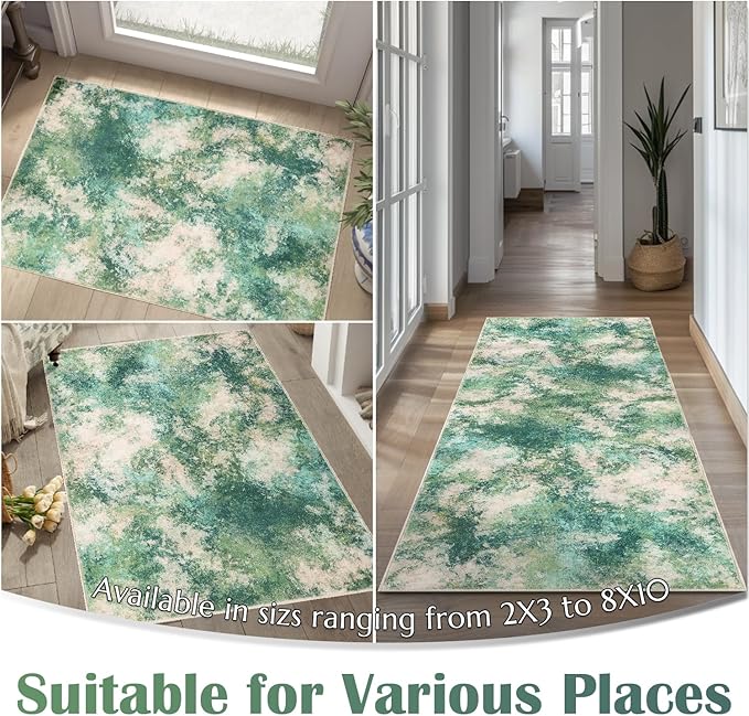 jinchan Spring Runner Rug 2x5 Modern Hallway Rug Abstract Washable Runner Indoor Watercolor Print Contemporary Non Slip Soft Carpet for Kitchen Bedroom Bathroom Laundry Room Living Room, Green Multi