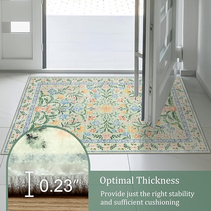 Morebes Washable Kitchen Runner Rug 2x6, Green Boho Floral Hallway Rug Runner Non Slip,Vintage Flower Soft Ultra-Thin Indoor Throw Carpet for Entryway Bathroom Laundry Room