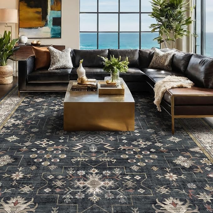 Black Farmhouse Washable 7x10 Area Rugs for Living Room, Bedroom, Dining Room Table, Dark Charcoal Stain Resistant Non-Slip Large Washable