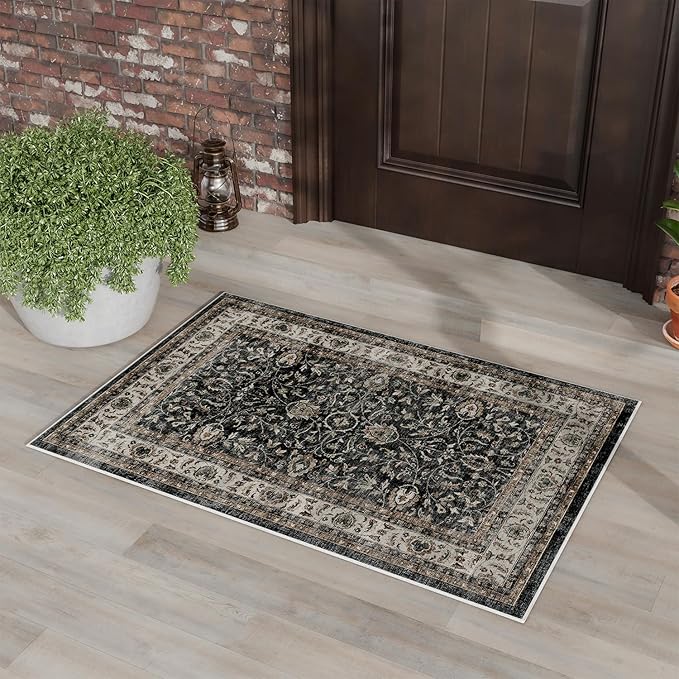 Dripex 2x3 Area Rugs, Machine Washable Non Slip Boho Rugs,Distressed Small Entryway Rug Doormat, No Pile Lightweight Vintage Rug, Floor Carpet for Front Entrance Kitchen Bathroom,Blue and Brown
