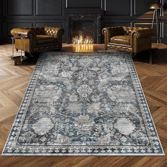 Washable Area Rugs - Perfect for Living Room, Bedroom, Kids Room, Nursery - Stain & Water Resistant Non-Slip, Pet & Child Friendly, Vintage Tribal Area Rugs (Grey and Blue, 5' x 7')